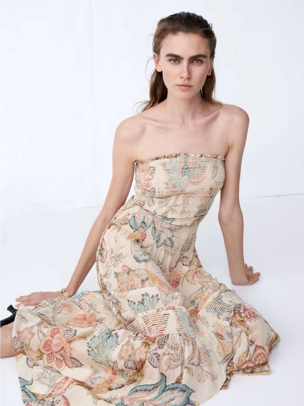 H&M Strapless Floral Smocked Maxi Dress in Cream and Pastel Prints